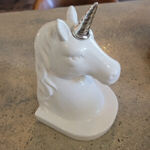 White Unicorn Head Book End Figurine with Silver Horn